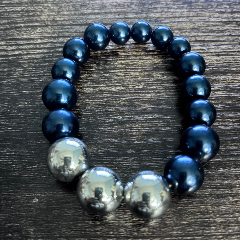 Navy Blue Faux Pearl Stretch Bracelet with Silver Tone Accent Beads